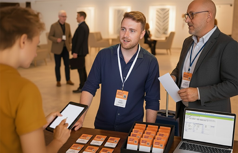 Event registration desk with badges